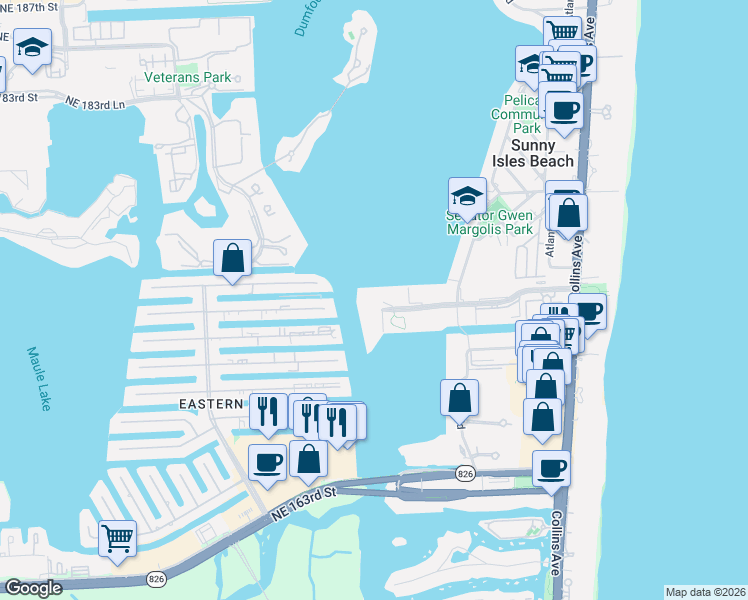map of restaurants, bars, coffee shops, grocery stores, and more near 290 174th Street in Sunny Isles Beach