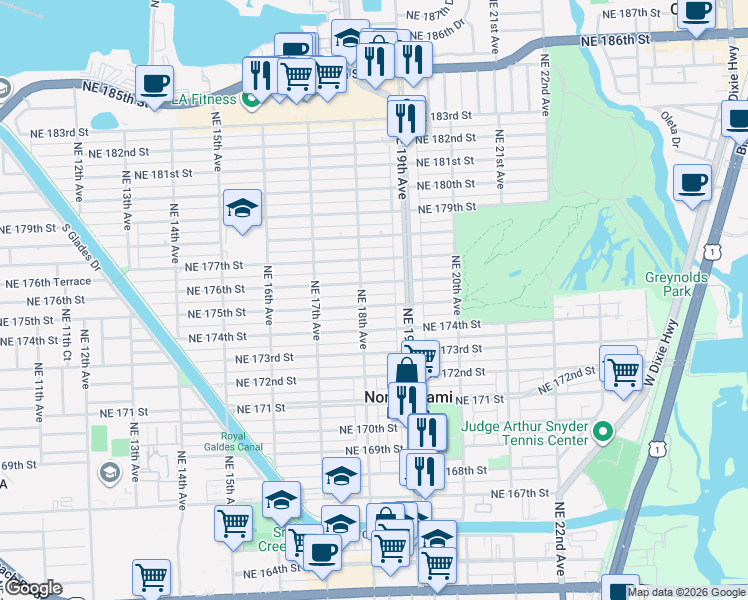 map of restaurants, bars, coffee shops, grocery stores, and more near 1798 Northeast 175th Street in North Miami Beach