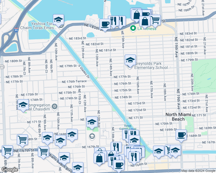 map of restaurants, bars, coffee shops, grocery stores, and more near 1363 Northeast 175th Street in North Miami Beach