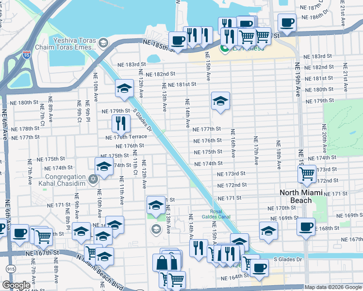 map of restaurants, bars, coffee shops, grocery stores, and more near 1363 Northeast 175th Street in North Miami Beach