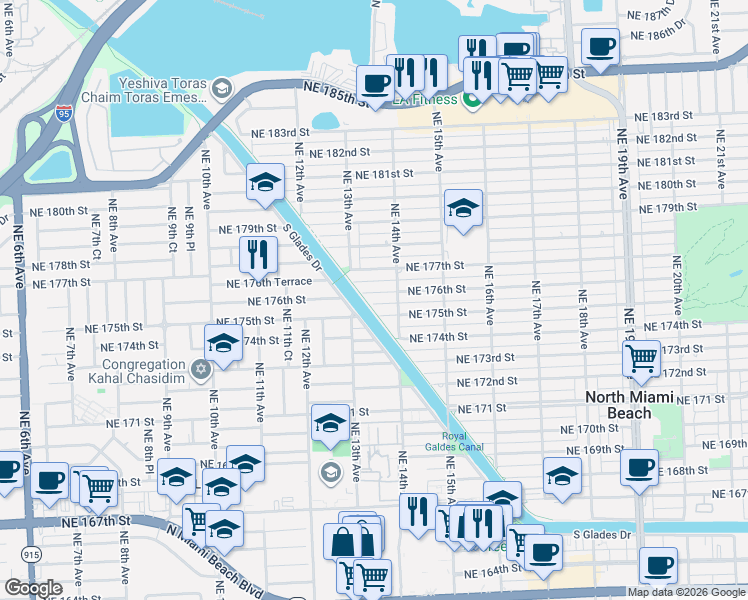 map of restaurants, bars, coffee shops, grocery stores, and more near 1363 Northeast 175th Street in North Miami Beach
