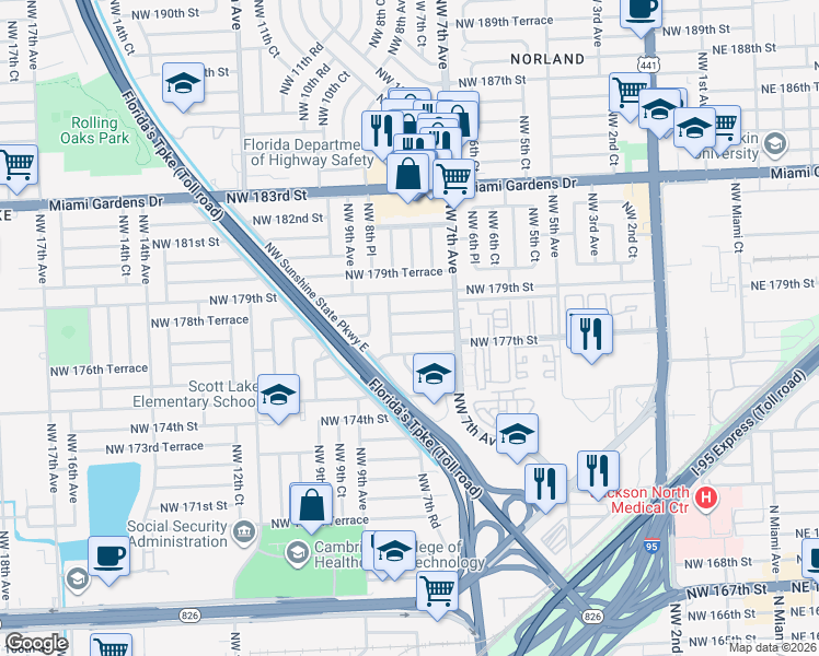 map of restaurants, bars, coffee shops, grocery stores, and more near 24 Northwest 8th Avenue in Miami Gardens