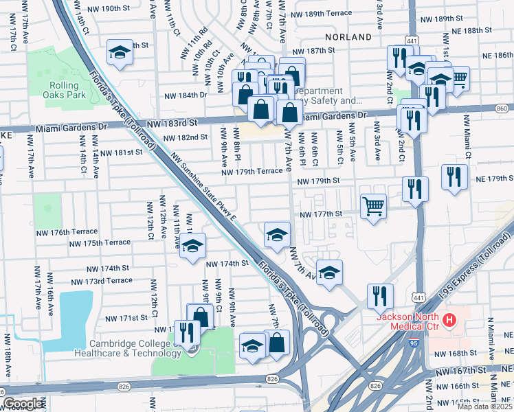 map of restaurants, bars, coffee shops, grocery stores, and more near 24 Northwest 8th Avenue in Miami Gardens