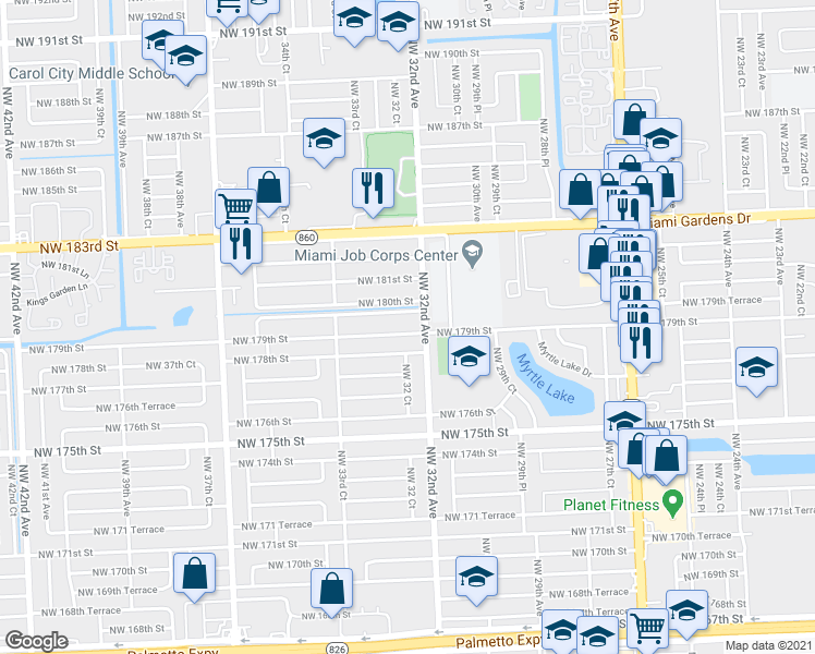map of restaurants, bars, coffee shops, grocery stores, and more near 3251 Northwest 178th Street in Miami Gardens
