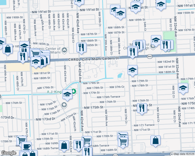 map of restaurants, bars, coffee shops, grocery stores, and more near 3950 Northwest 179th Street in Miami Gardens