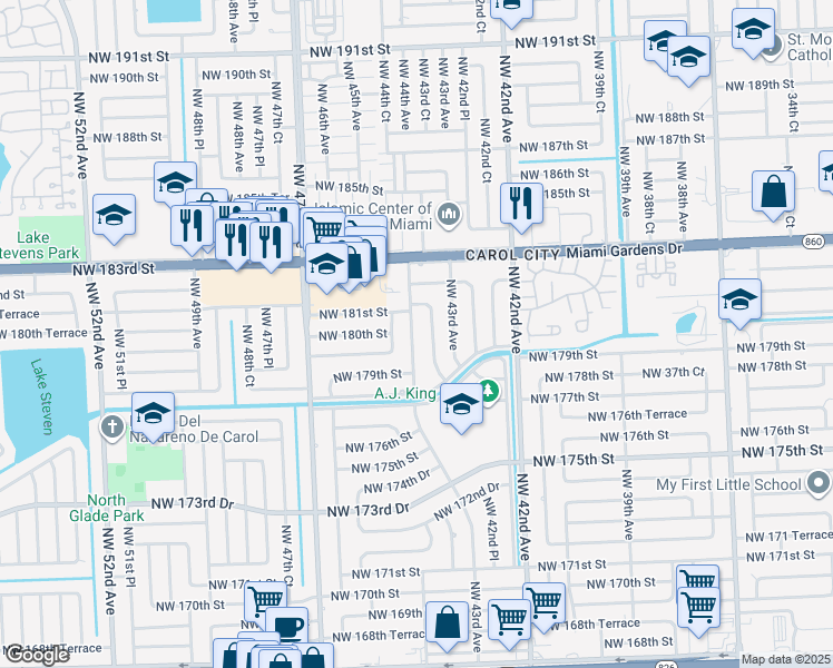 map of restaurants, bars, coffee shops, grocery stores, and more near 17920 Northwest 43rd Court in Miami Gardens