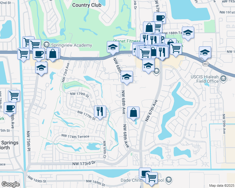 map of restaurants, bars, coffee shops, grocery stores, and more near 18000 Northwest 68th Avenue in Hialeah