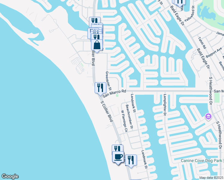 map of restaurants, bars, coffee shops, grocery stores, and more near 129 South Collier Boulevard in Marco Island