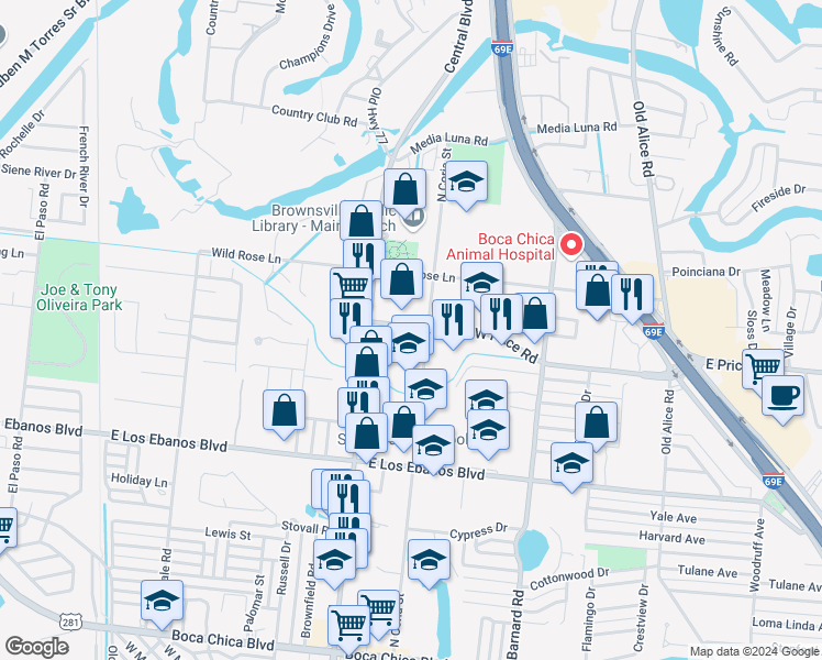 map of restaurants, bars, coffee shops, grocery stores, and more near 844 West Price Road in Brownsville