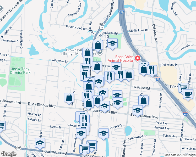 map of restaurants, bars, coffee shops, grocery stores, and more near 844 West Price Road in Brownsville