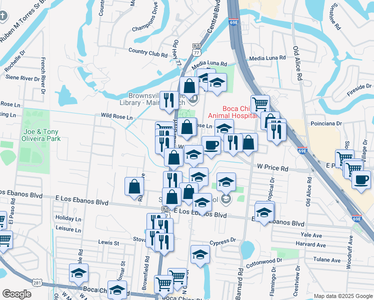 map of restaurants, bars, coffee shops, grocery stores, and more near 844 West Price Road in Brownsville