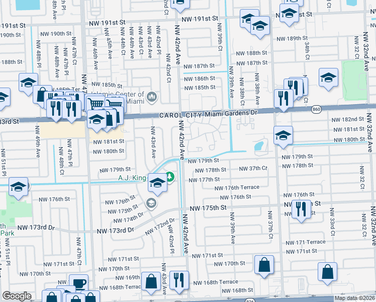 map of restaurants, bars, coffee shops, grocery stores, and more near 17920 Northwest 42nd Avenue in Miami Gardens