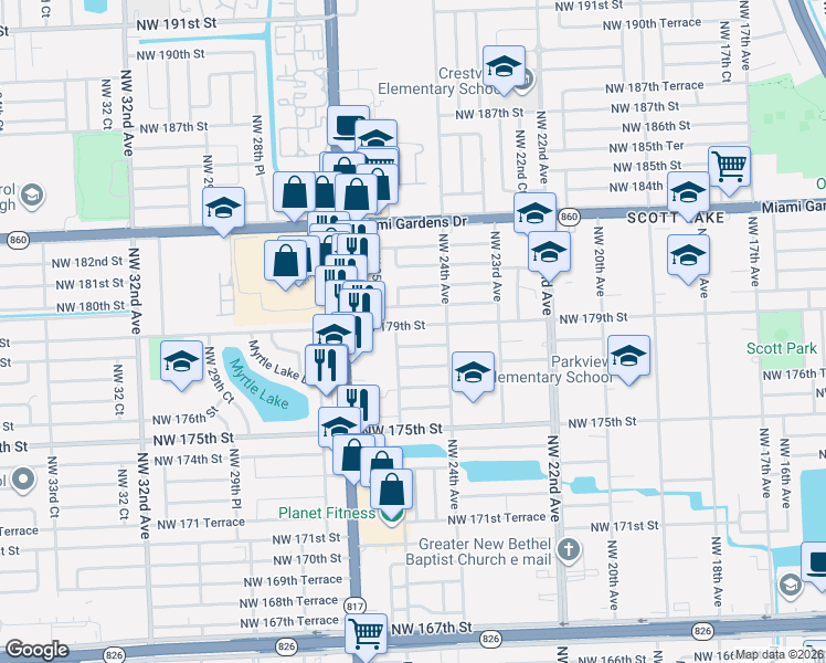 map of restaurants, bars, coffee shops, grocery stores, and more near 2462 Northwest 178th Terrace in Miami Gardens