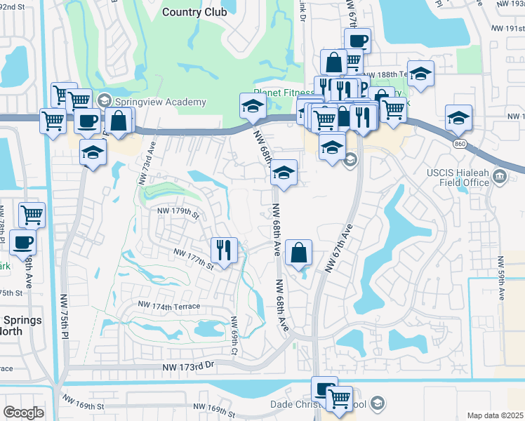 map of restaurants, bars, coffee shops, grocery stores, and more near 18000 Northwest 68th Avenue in Hialeah