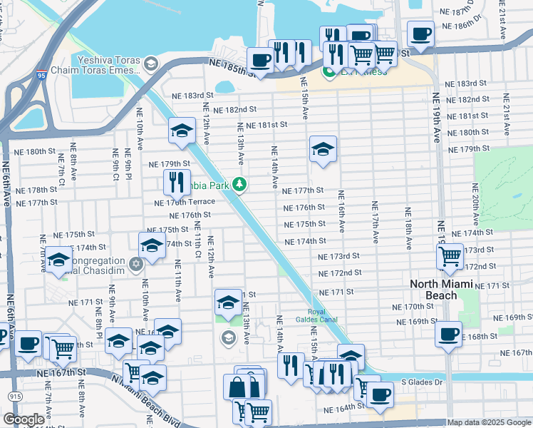 map of restaurants, bars, coffee shops, grocery stores, and more near 1363 Northeast 175th Street in North Miami Beach