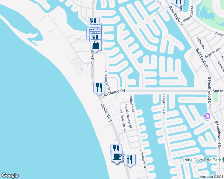 map of restaurants, bars, coffee shops, grocery stores, and more near 27 Greenbrier Street in Marco Island