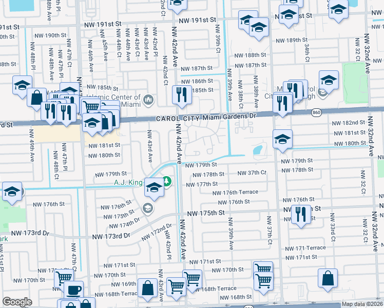 map of restaurants, bars, coffee shops, grocery stores, and more near 18029 Northwest 41st Place in Miami Gardens