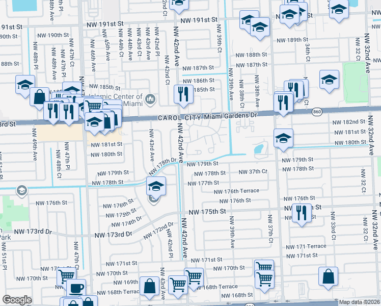 map of restaurants, bars, coffee shops, grocery stores, and more near 18081 Northwest 41st Court in Miami Gardens
