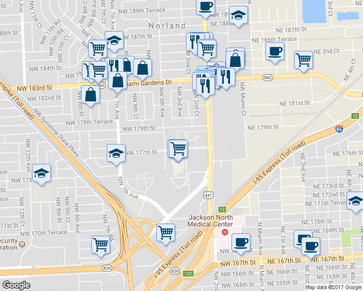 map of restaurants, bars, coffee shops, grocery stores, and more near 395 Northwest 177th Street in Miami
