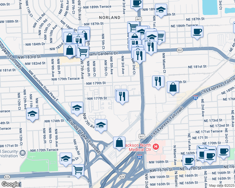 map of restaurants, bars, coffee shops, grocery stores, and more near 395 Northwest 177th Street in Miami