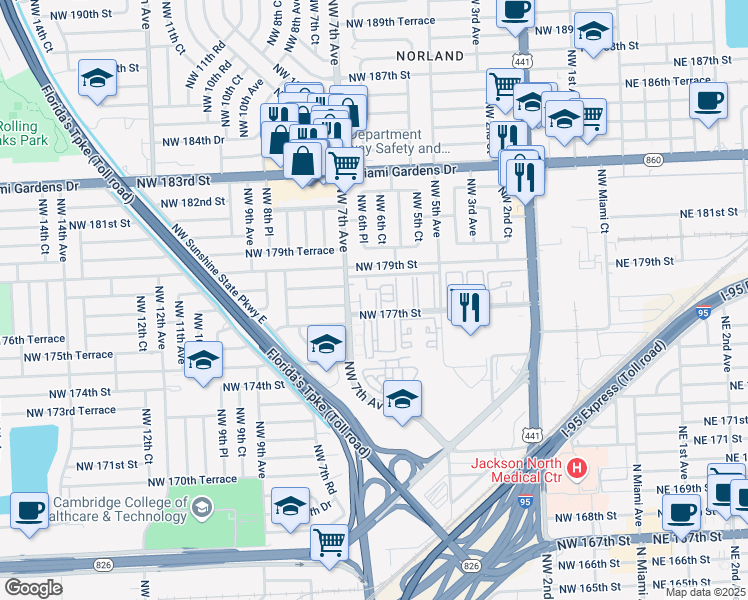 map of restaurants, bars, coffee shops, grocery stores, and more near 17809 Northwest 7th Avenue in Miami