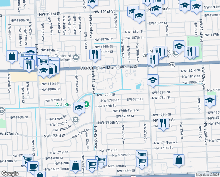 map of restaurants, bars, coffee shops, grocery stores, and more near 17957 Northwest 40th Court in Miami Gardens