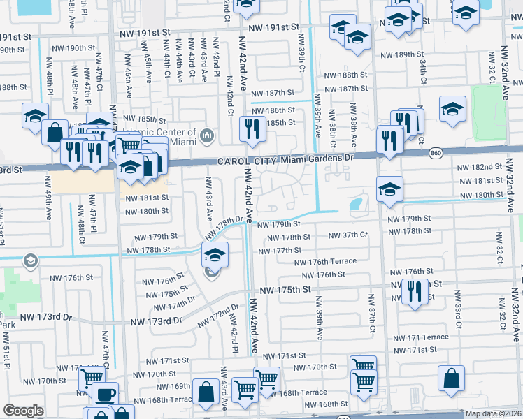 map of restaurants, bars, coffee shops, grocery stores, and more near 18081 Northwest 41st Court in Miami Gardens