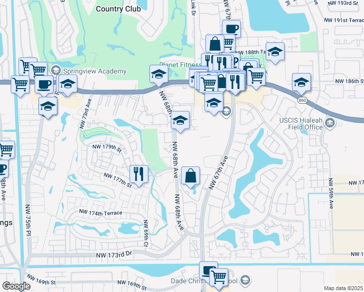 map of restaurants, bars, coffee shops, grocery stores, and more near 18191 Northwest 68th Avenue in Hialeah