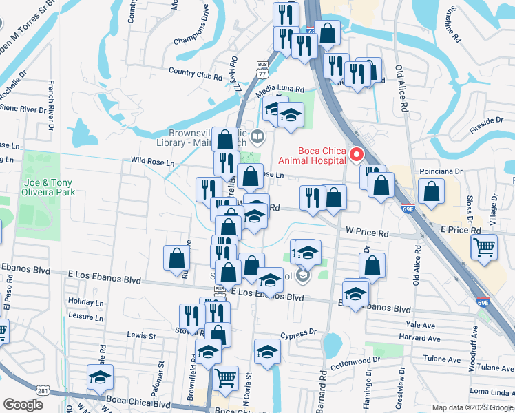 map of restaurants, bars, coffee shops, grocery stores, and more near 807 West Price Road in Brownsville