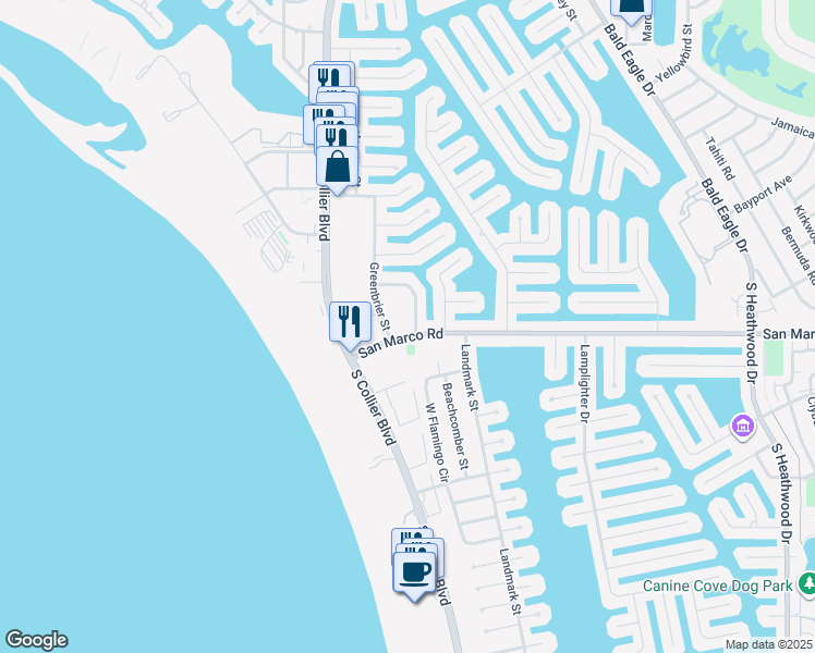 map of restaurants, bars, coffee shops, grocery stores, and more near 14 Manor Terrace in Marco Island