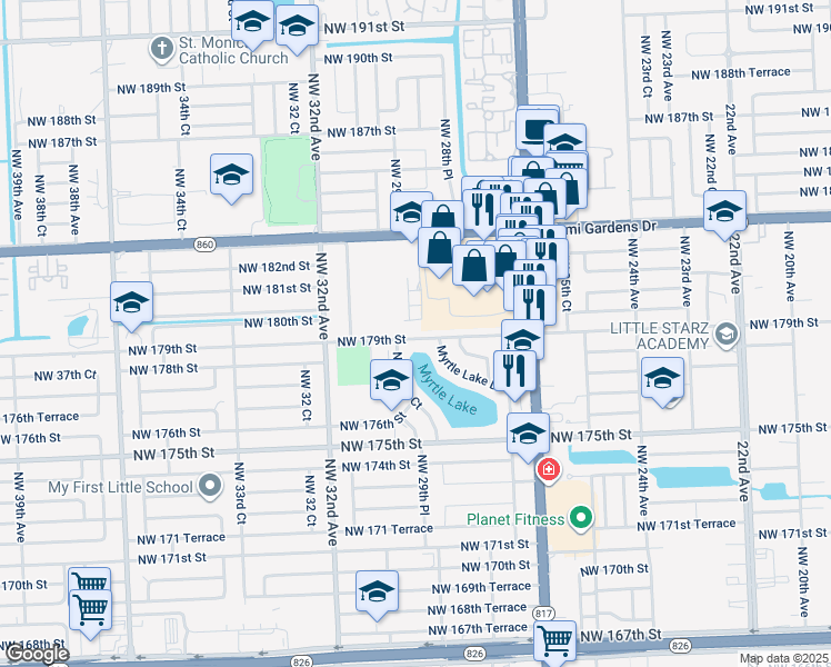 map of restaurants, bars, coffee shops, grocery stores, and more near 2940 Northwest 180th Street in Miami Gardens