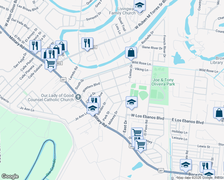 map of restaurants, bars, coffee shops, grocery stores, and more near 243 Center Drive in Brownsville