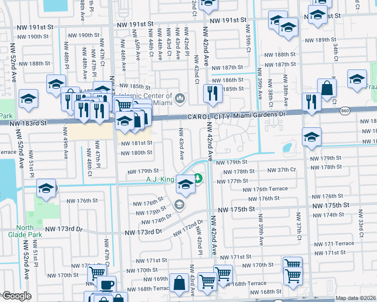map of restaurants, bars, coffee shops, grocery stores, and more near 18030 Northwest 42nd Place in Miami Gardens