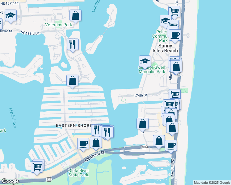 map of restaurants, bars, coffee shops, grocery stores, and more near 301 174th Street in Sunny Isles Beach