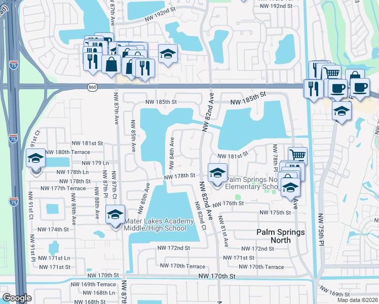 map of restaurants, bars, coffee shops, grocery stores, and more near 18120 Northwest 82nd Avenue in Hialeah