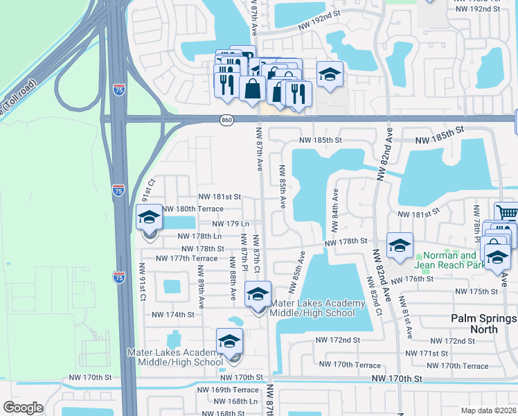 map of restaurants, bars, coffee shops, grocery stores, and more near 18092 Northwest 87th Court in Hialeah