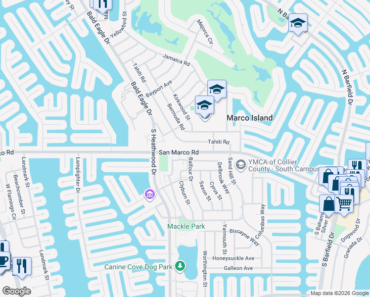 map of restaurants, bars, coffee shops, grocery stores, and more near 61 Tahiti Road in Marco Island