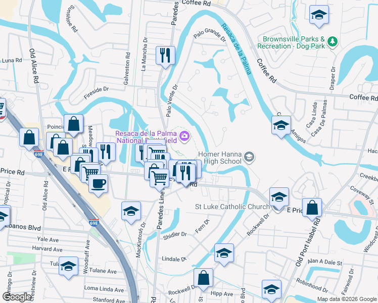 map of restaurants, bars, coffee shops, grocery stores, and more near 1024 Paredes Line Road in Brownsville