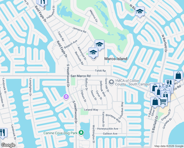 map of restaurants, bars, coffee shops, grocery stores, and more near 35 Tahiti Road in Marco Island