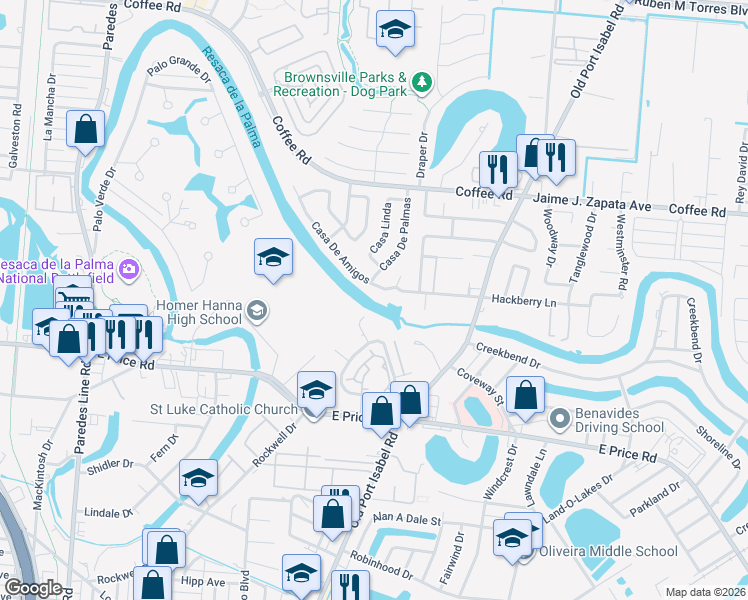 map of restaurants, bars, coffee shops, grocery stores, and more near 11-13 Casa De Amigos in Brownsville