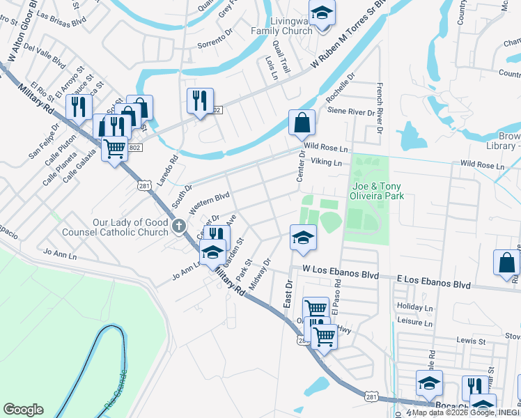 map of restaurants, bars, coffee shops, grocery stores, and more near 243 Center Drive in Brownsville