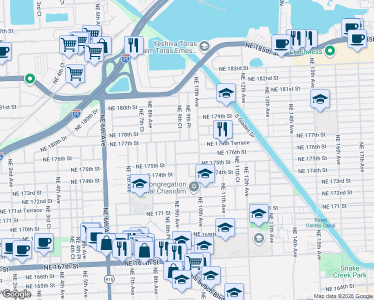 map of restaurants, bars, coffee shops, grocery stores, and more near 960 Northeast 177th Street in Miami