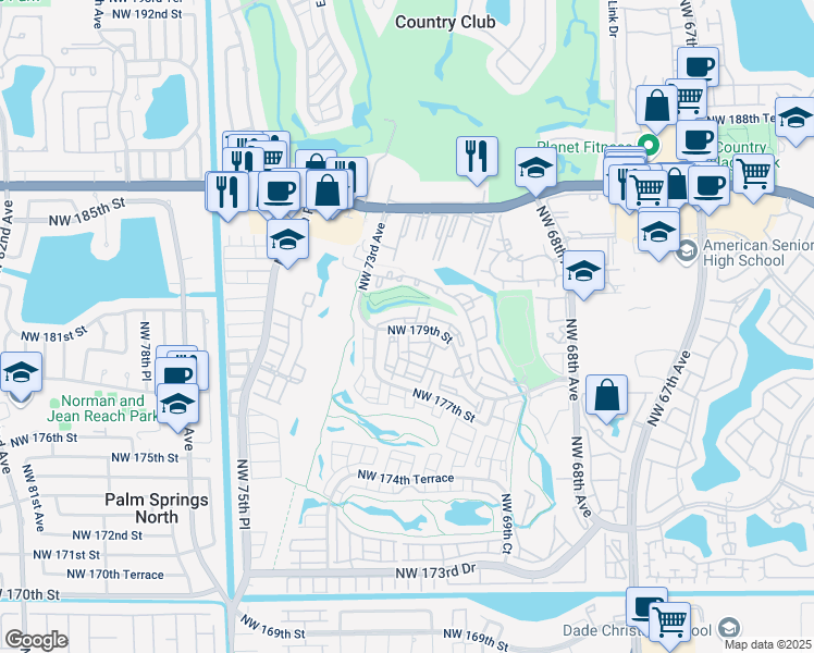 map of restaurants, bars, coffee shops, grocery stores, and more near 7235 Northwest 179th Street in Hialeah