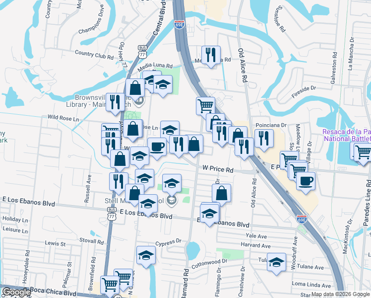 map of restaurants, bars, coffee shops, grocery stores, and more near 2425 Barnard Road in Brownsville