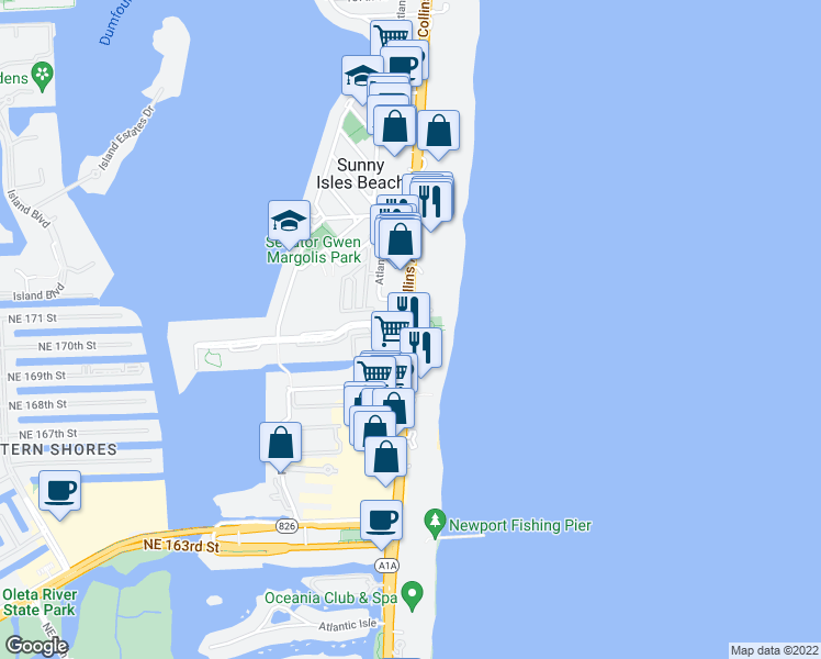 map of restaurants, bars, coffee shops, grocery stores, and more near 17475 Collins Avenue in Sunny Isles Beach