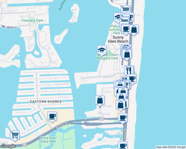 map of restaurants, bars, coffee shops, grocery stores, and more near 17500 North Bay Road in Sunny Isles Beach
