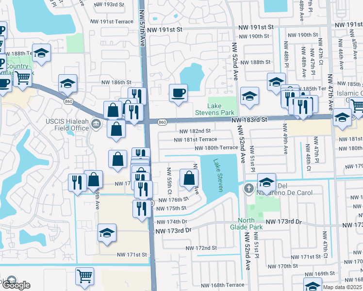 map of restaurants, bars, coffee shops, grocery stores, and more near 5431 Northwest 181st Terrace in Miami Gardens