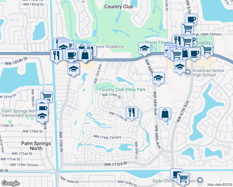 map of restaurants, bars, coffee shops, grocery stores, and more near 7195 Northwest 179th Street in Hialeah