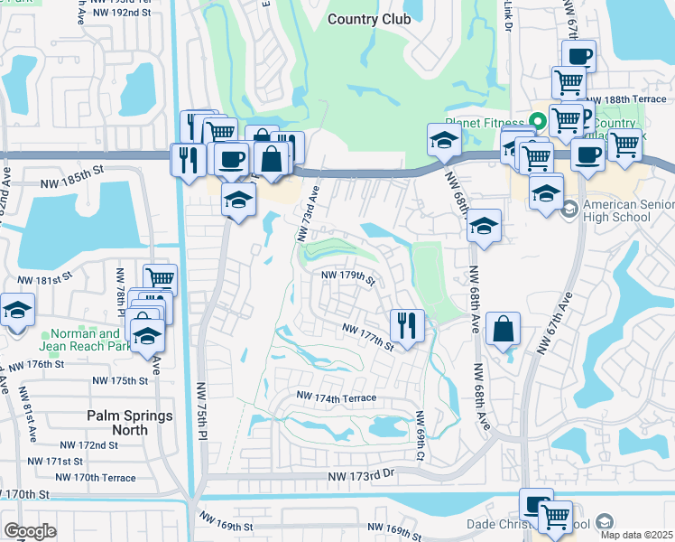 map of restaurants, bars, coffee shops, grocery stores, and more near 7235 Northwest 179th Street in Hialeah