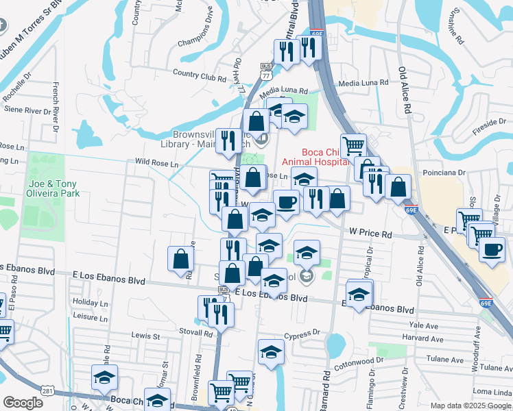 map of restaurants, bars, coffee shops, grocery stores, and more near 807 West Price Road in Brownsville
